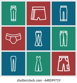 Pants icons set. set of 9 pants outline icons such as man underwear, jumpsuit