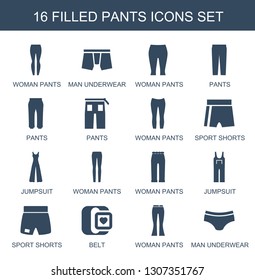 pants icons. Trendy 16 pants icons. Contain icons such as woman pants, man underwear, sport shorts, jumpsuit, belt. icon for web and mobile.