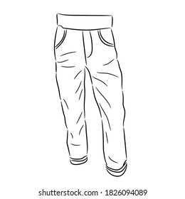 Pants jeans for children sketch from the contour black brush lines different thickness on white background. Vector illustration.