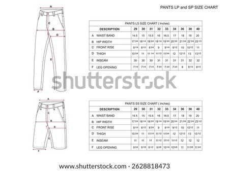 PANTS LONG PANTS and SHORT PANTS SIZE CHART MOCKUP