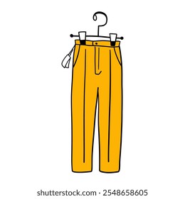 Pants on hanger. Hanging stylish men trousers with label. Elegant male clothes in store. New fashion clothing collection. Garment shop. Cartoon hand drawing flat vector illustration isolated on white