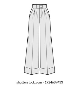 Pants oxford tailored technical fashion illustration with normal waist, high rise, full length, double pleat, slant jetted pockets. Flat template front, grey color. Women men unisex CAD mockup