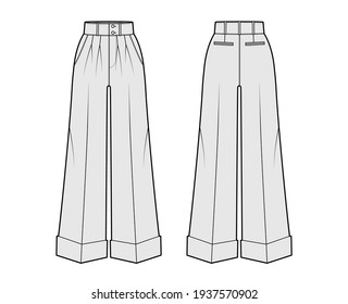 Pants oxford tailored technical fashion illustration with normal waist, high rise, full length, double pleat, slant jetted pockets. Flat template front, back, grey color. Women men unisex CAD mockup