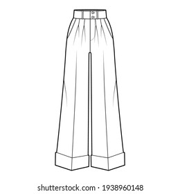 Pants oxford tailored technical fashion illustration with normal waist, high rise, full length, double pleat, slant jetted pockets. Flat template front, white color. Women men unisex CAD mockup