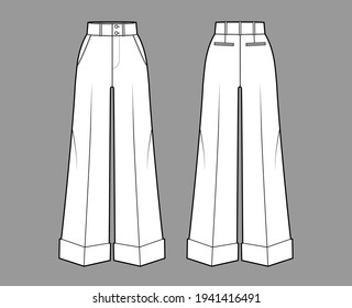 Pants oxford tailored technical fashion illustration with normal waist, high rise, full length, slant jetted pockets. Flat trousers apparel template front back white color. Women men unisex CAD mockup