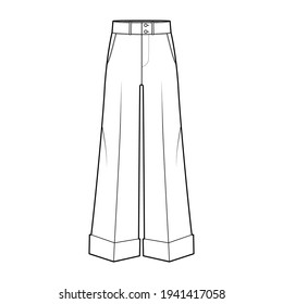 Pants oxford tailored technical fashion illustration with low waist, rise, full length, slant slashed jetted pockets. Flat trousers apparel template front, white, color. Women men unisex CAD mockup