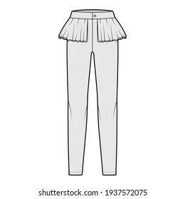Pants peplum technical fashion illustration with extended low waist, rise, full length, 2 layer frilled skirt. Flat bottom trousers apparel template front, grey color. Women men unisex CAD mockup
