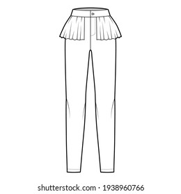 Pants peplum technical fashion illustration with extended normal waist, high rise, full length, frilled skirt. Flat bottom trousers apparel template front, white color. Women men unisex CAD mockup