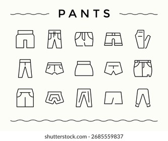 Conjunto de iconos de pantalones simples. Colección de iconos minimalistas. Contiene símbolos como textiles, prendas de vestir, moda, algodón, ropa. Trazo editable. Pixel perfecto. Conjunto de iconos de línea de Vector de pantalón.