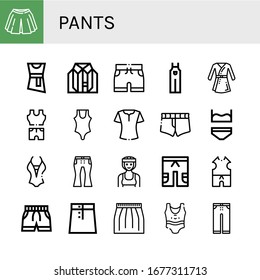 pants simple icons set. Contains such icons as Skirt, Blouse, Clothes, Shorts, Overall, Bathrobe, Swimsuit, Short, Underwear, Jeans, Boxer, can be used for web, mobile and logo