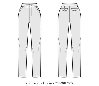 Pants slim fitted straight technical fashion illustration with normal waist, high rise, full length, slashed pockets. Flat trousers apparel template front, back grey color. Women men unisex CAD mockup