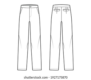 Pants straight silhouette technical fashion illustration with flat front, low waist, rise, full length, slant, flap pockets. Flat trousers apparel template back, white color. Women, unisex CAD mockup