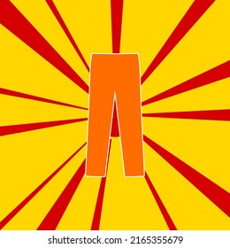Pants symbol on a background of red flash explosion radial lines. The large orange symbol is located in the center of the sun, symbolizing the sunrise. Vector illustration on yellow background