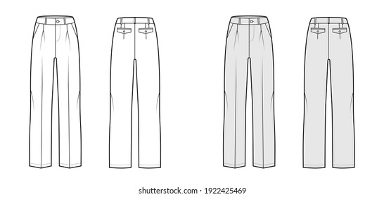 Pants tailored technical fashion illustration with low waist, rise, slant slashed flap pockets, single pleat, belt loops. Flat casual bottom trousers front, back white grey color. Women men CAD mockup