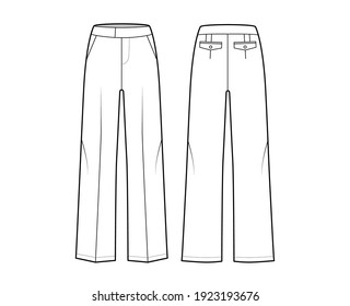 Pants tailored technical fashion illustration with extended low waist, rise, full length, flap slashed pockets. Flat casual bottom apparel template front back, white color. Women men unisex CAD mockup