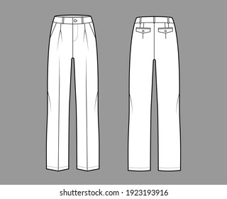 Pants tailored technical fashion illustration with low waist, rise, slant slashed flap pockets, single pleat, belt loops. Flat casual bottom trousers front, back, white color. Women unisex CAD mockup