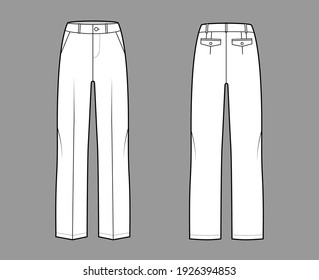 Pants tailored technical fashion illustration with low waist, rise, full length, slant slashed pockets, belt loops. Flat bottom trousers apparel template front, back white color. Men unisex CAD mockup