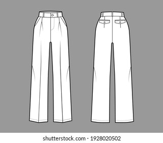 Pants tailored technical fashion illustration with extended normal waist, rise, full length, slant, flap pockets, single pleat, belt loops. Flat template front, back, white color. Women men CAD mockup