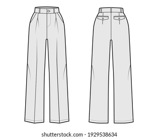 Pants tailored technical fashion illustration with extended normal waist, rise, full length, slant, flap pockets, single pleat, belt loops. Flat template front, back, grey color. 