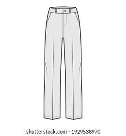 Pants tailored technical fashion illustration with low waist, rise, full length, slant slashed pockets, belt loops. Flat bottom trousers apparel template front, grey color. 