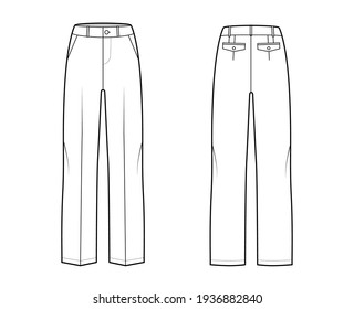 Dibujo de moda técnico a medida con cintura baja, ascenso, longitud completa, bolsillos inclinados, bucles de cinturón. Plano de la plantilla de la ropa de pantalón inferior plana, color blanco trasero. Hombres unisex CAD mockup