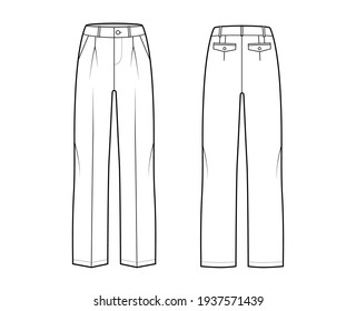 Pants tailored technical fashion illustration with low waist, rise, slant slashed flap pockets, single pleat, belt loops. Flat casual bottom trousers front, back, white color. Women unisex CAD mockup