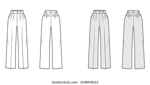 Pants tailored technical fashion illustration with extended normal waist, rise, full length, slant, flap pockets, double pleat, belt loops. Flat template front, back white grey color. Women CAD mockup