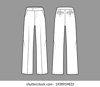 Pants tailored technical fashion illustration with extended low waist, rise, full length, flap slashed pockets. Flat casual bottom apparel template front back, white color. Women men unisex CAD mockup
