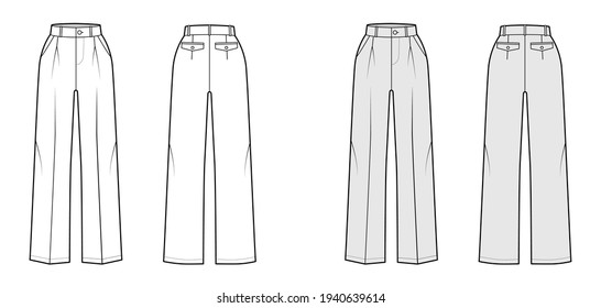 Pants tailored technical fashion illustration with extended normal waist, rise, full length, flap pockets, single pleat, belt loops. Flat template front, back, white grey color. Women men CAD mockup