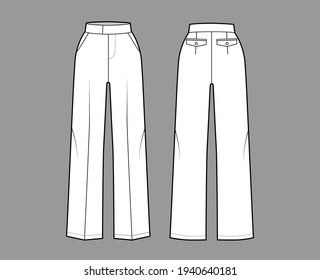 Pants tailored technical fashion illustration with extended normal waist, high rise, full length, slashed pockets. Flat trousers apparel template front, back, white color. Women men unisex CAD mockup