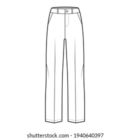 Pants tailored technical fashion illustration with low waist, rise, full length, slant slashed pockets, belt loops. Flat bottom trousers apparel template front, white color. Men unisex CAD mockup