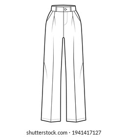 Pants tailored technical fashion illustration with extended normal waist, rise, full length, slant, flap pockets, single pleat, belt loops. Flat template front, white color. Women men CAD mockup
