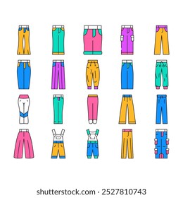 pants trousers fashion icons set vector. clothing garment, apparel design, casual wear, pocket style, sport, clothes cotton pants trousers fashion color Contour Illustrations