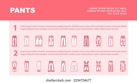 pants trousers fashion landing web page header vector. clothing garment, apparel design, casual wear, pocket style, sport, clothes cotton pants trousers fashion Illustration