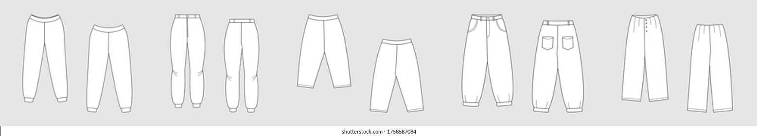 Pants, Trousers. Set Of Female Vector Templates Isolated On A Grey Background. Front And Back View. Outline Fashion Technical Sketch Of Clothes Model.