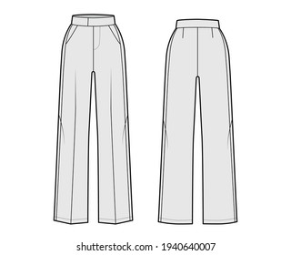Pants tuxedo technical fashion illustration with extended normal waist, high rise, full length, slant pockets, side satin stripe. Flat trousers bottom template back, grey color. Women, men CAD mockup
