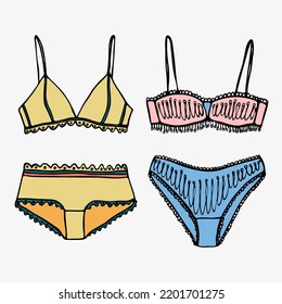 Panty and bra set. Vector illustrations. Set of underwears. Doodle style. Vector isolated elements for design. Hand drawn lingerie.
