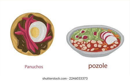 Panuchos and Pozole. Mexican foods vector. Best Mexican Dishes. Latin american food set illustration.