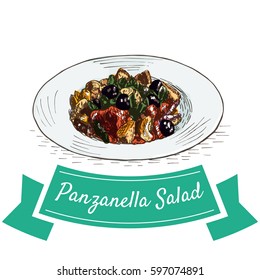 Panzanella Salad colorful illustration. Vector illustration of Italian cuisine.