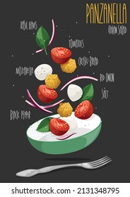 Panzanella, traditional Italian salad. Mediterranean healthy food. Vector illustration