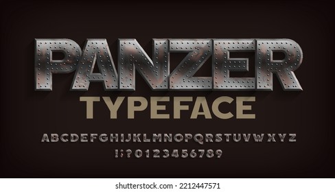 Panzer alphabet font. Rusted metal letters and numbers. Stock vector typeface for your design.