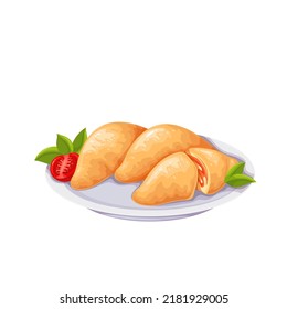 Panzerotti, Italian food vector illustration. Cartoon isolated glass plate with crispy fried panzerotto fritto, small pizza calzone with tomato sauce and mozzarella, appetizer snack from Italy