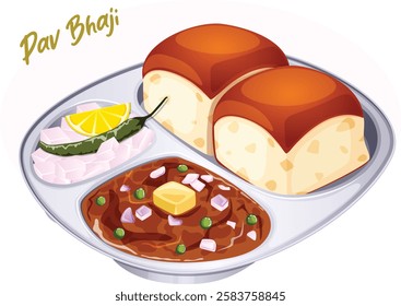 Pao Bhaji Served in Metal Partition Tray. Vegetable Curry with Pav Buns, Chopped Onions, Lemon Wedge and Green Chili. Famous Mumbai Street Meal Illustration  