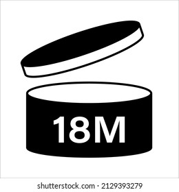 PAO cosmetic icon, mark of period after opening. Expiration time after package opened, black label. 18 month expirity on white background, vector illustration
