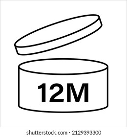 PAO cosmetic icon, mark of period after opening. Expiration time after package opened, white label. 12 month expirity on white background, vector illustration