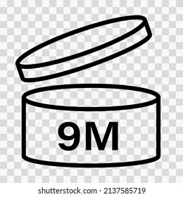 PAO cosmetic icon, mark of period after opening. Expiration time after package opened, outline label. 9 month expirity on transparent background, vector illustration.
