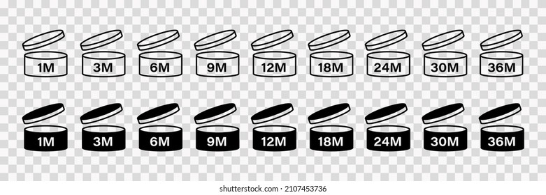 PAO cosmetic icons set, marks of period after opening . Expiration time after package opened, black and white labels. 1, 3, 6, 9, 12, 18, 24, 30, 36 month expirity on transparent background, vector.