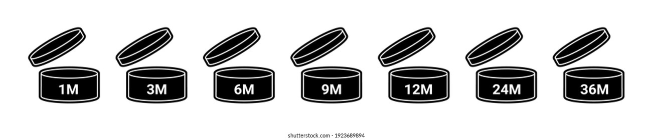 Pao cosmetic open jars line icons isolated on white. Expiration period months. Cosmetics symbol collection. Outline flat design. Vector illustration. 