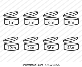 PAO Cosmetics Symbol. Period After Opening. Expiration Sign Of 1, 3, 6, 9, 12, 24, 36, 48 Month. Best Before Label. Vector EPS 10