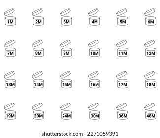 Pao expiration date icons set. Product expiration date  3m, 6m, 12m, 24m, 36m , 48m month . Vector illustration. svg